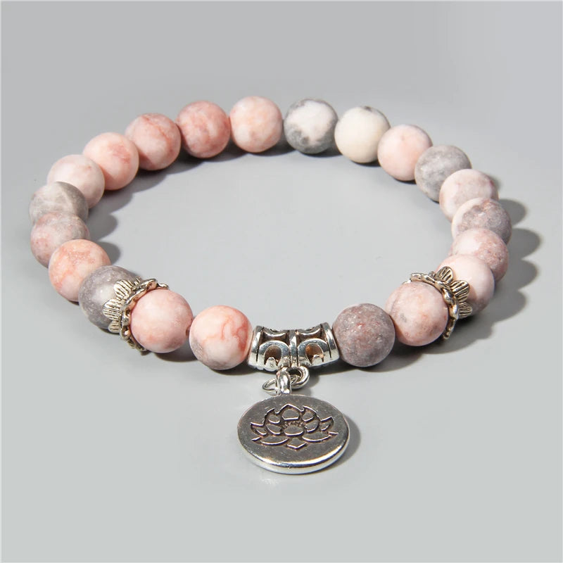 Grace Bracelet | Lotus Charm & Pink Zebra Jasper