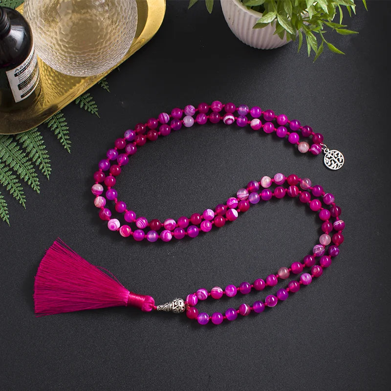 Heart Mala | Rose Striped Agate 108 Knotted Bead Necklace